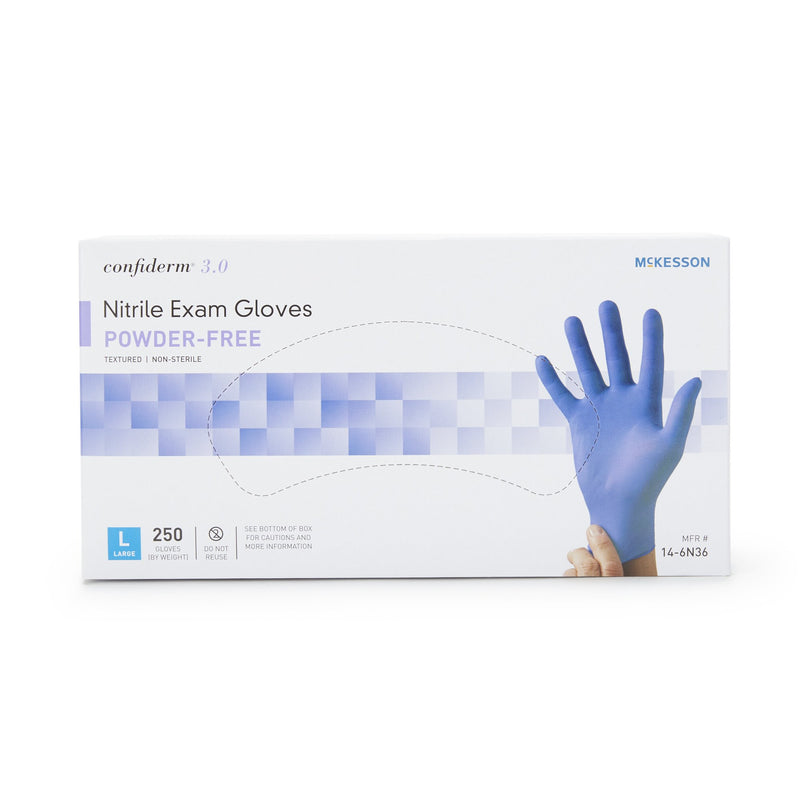 McKesson Confiderm® 3.0 Exam Glove Large NonSterile Nitrile Standard Cuff Length Textured Fingertips Blue Not Rated (957803_CS) 10/CS