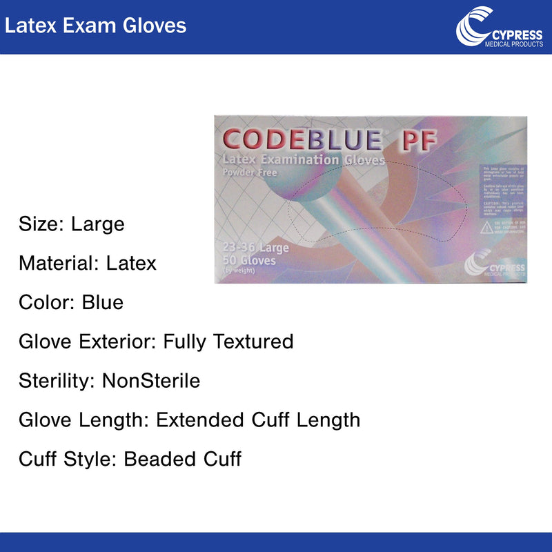 CODEBLUE® PF Exam Glove Large NonSterile Latex Extended Cuff Length Fully Textured Blue Not Rated (546242_CS) 10/CS