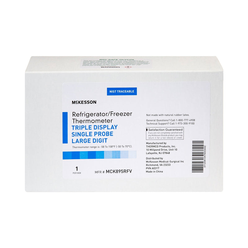 McKesson Digital Refrigerator / Freezer Thermometer with Alarm Fahrenheit / Celsius -58° to +158°F (-50° to +70°C) Glycol Bottle Probe / Internal Sensor Multiple Mounting Options Battery Operated (1074440_EA) 1/EA