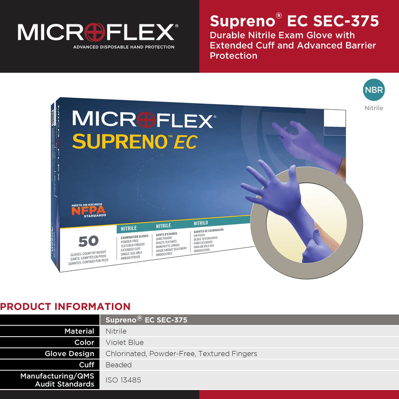 Supreno® EC Exam Glove X-Large NonSterile Nitrile Extended Cuff Length Textured Fingertips Blue Chemo Tested / Fentanyl Tested (446002_CS) 500/CS