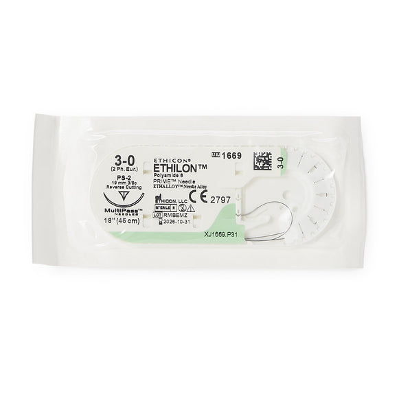 Ethilon™ Nonabsorbable Suture with Needle Nylon PS-2 3/8 Circle Precision Reverse Cutting Needle Size 3-0 Monofilament (130320_DZ) 12/DZ