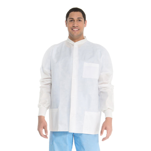 O&M Halyard Inc Lab Jacket White Large Hip Length 3-Layer SMS Disposable (230803_EA) 1/EA