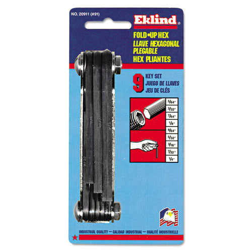 Eklind Tool Company Inch Fold-Up Hex Key Sets, 9 per fold-up, Ball Hex Tip, Inch, Medium (EKL20911) Each