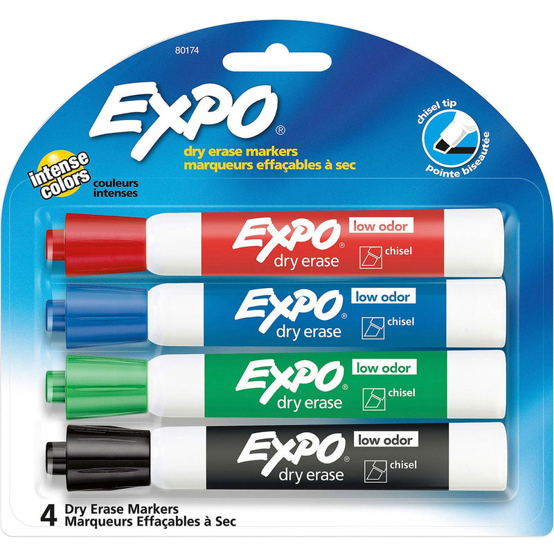 Expo Low Odor Markers - Chisel Marker Point Style - Green, Red, Blue, Black (SAN80174) Set of 4