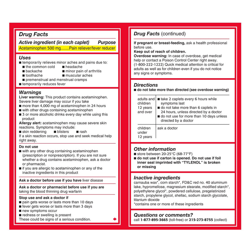Tylenol® Pain Relief 500 mg Strength Acetaminophen Caplet 100 per Box (701519_CS) 48/CS