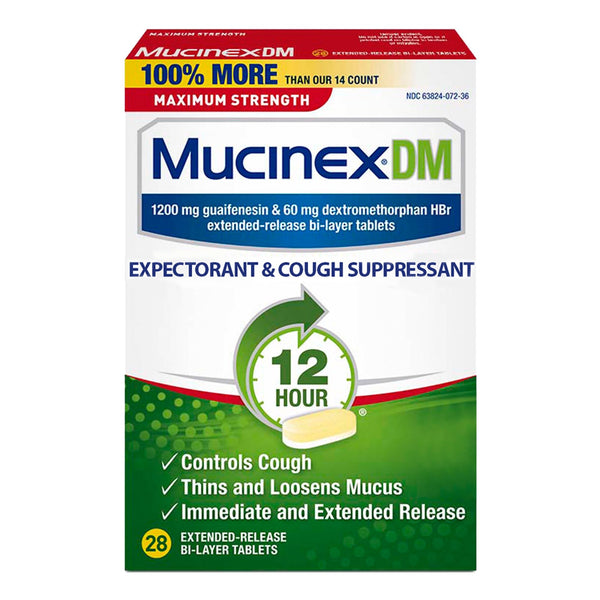 Mucinex® DM Cold and Cough Relief 1,200 mg - 60 mg Strength Tablet 28 per Box (1101457_BX) 28/BX