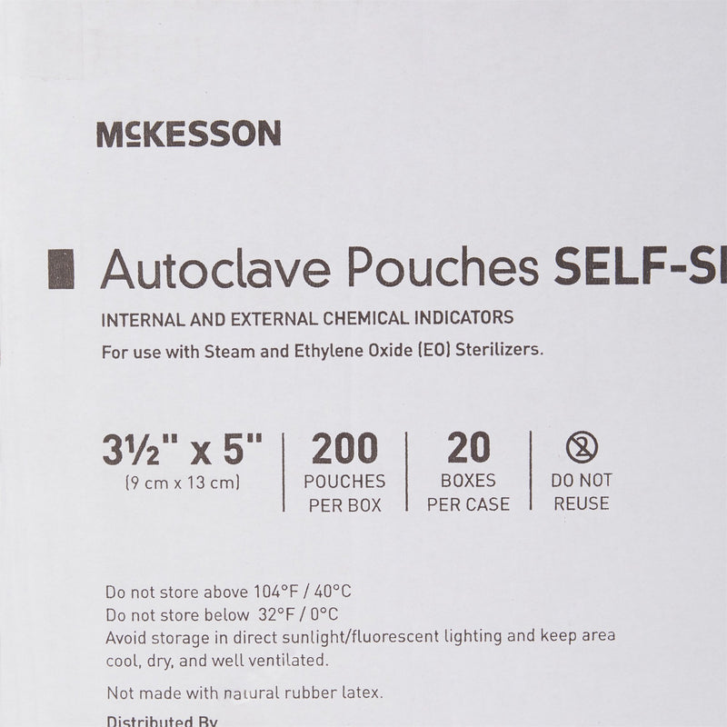 McKesson Sterilization Pouch Ethylene Oxide (EO) Gas / Steam 3-1/2 X 5 Inch Transparent Blue / White Self Seal Paper / Film (960942_BX) 200/BX