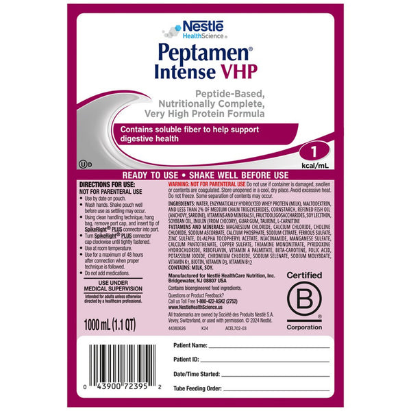 Peptamen® Intense VHP Tube Feeding Formula Unflavored Liquid 1000 mL Ready to Hang Prefilled Container (1006588_EA) 1/EA