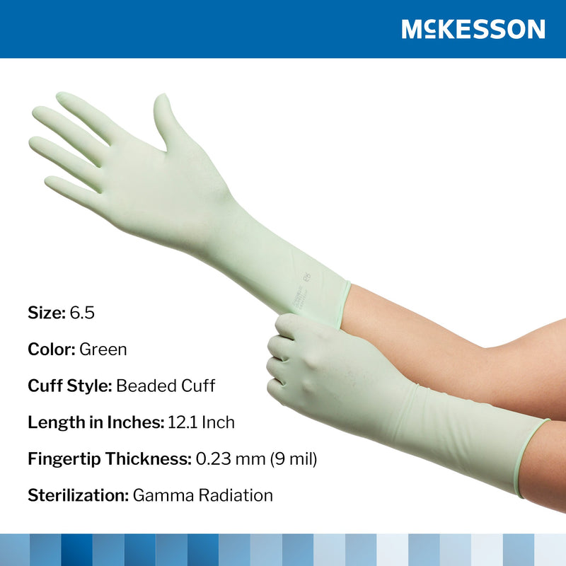 McKesson Perry® Performance Plus Surgical Glove Size 6.5 Sterile Polyisoprene Standard Cuff Length Smooth Green Chemo Tested (1044721_BX) 50/BX
