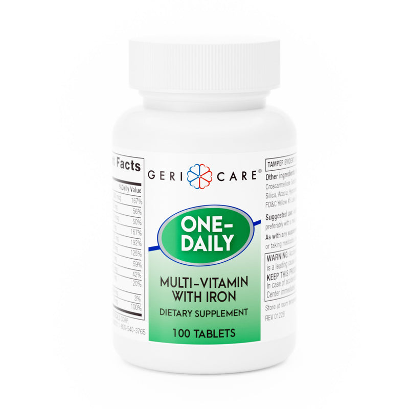 Geri-Care® Multivitamin Supplement with Iron Vitamin A / C / D-3 / Iron 5,000 IU - 50 mg - 400 IU - 18 mg Strength Tablet 100 per Bottle Unflavored (549376_BT) 1/BT