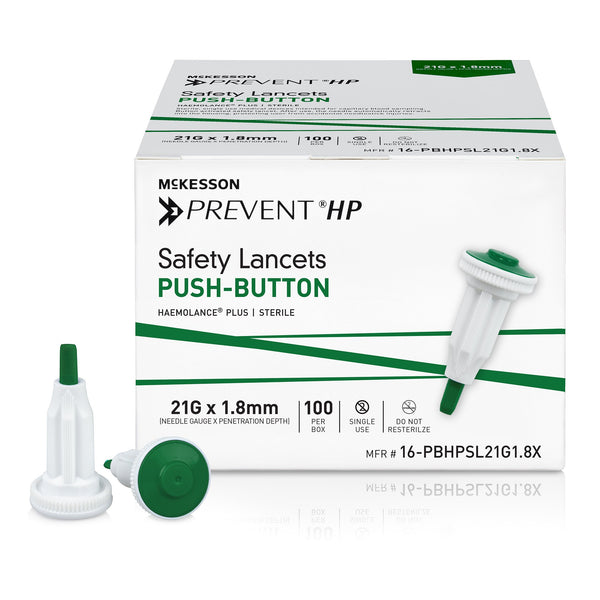 McKesson Prevent® HP Safety Lancet 21 Gauge Retractable Push Button Activation Finger (1217984_BX) 100/BX