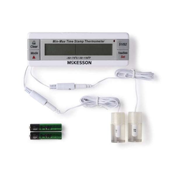 McKesson Digital Refrigerator / Freezer Thermometer with Alarm Fahrenheit / Celsius -58° to +158°F (-50° to +70°C) Desk / Wall / Door Mount Battery Operated (1074439_EA) 1/EA