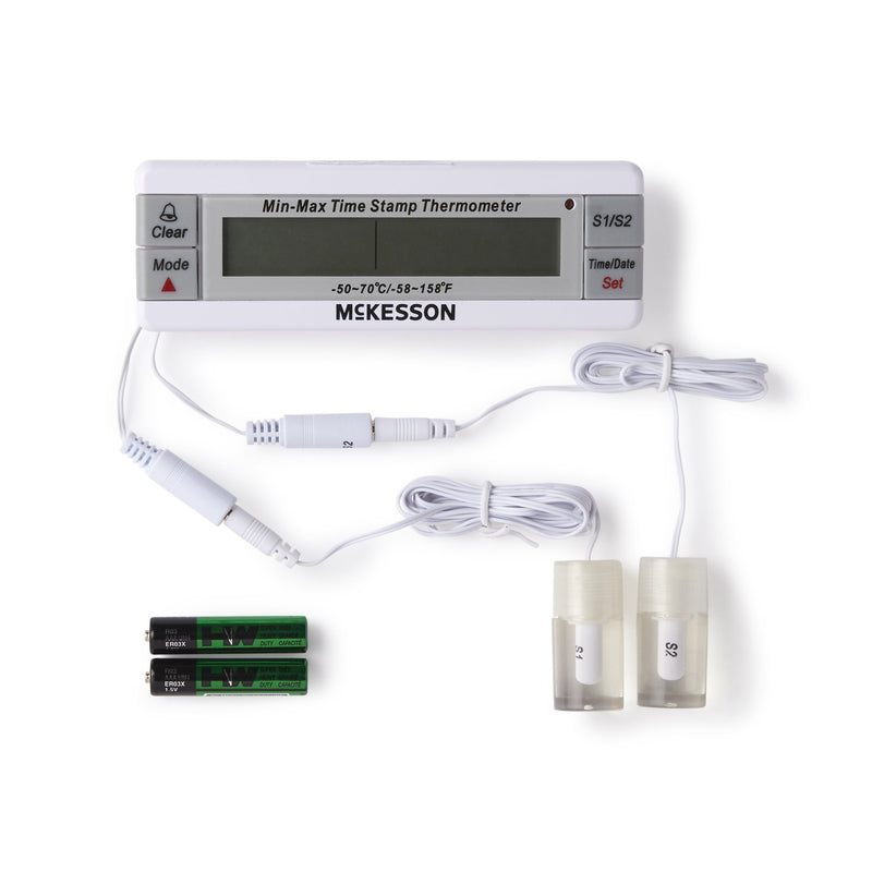 McKesson Digital Refrigerator / Freezer Thermometer with Alarm Fahrenheit / Celsius -58° to +158°F (-50° to +70°C) Desk / Wall / Door Mount Battery Operated (1074439_EA) 1/EA