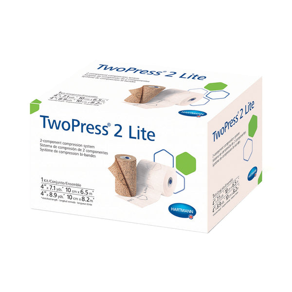 TwoPress® 2 Lite 2 Layer Compression Bandage System with Visible Indicators 4 Inch X 7.1 Yard / 4 Inch X 8.9 Yard Self-Adherent Closure Tan / White NonSterile Standard Compression (1198254_KT) 1/KT