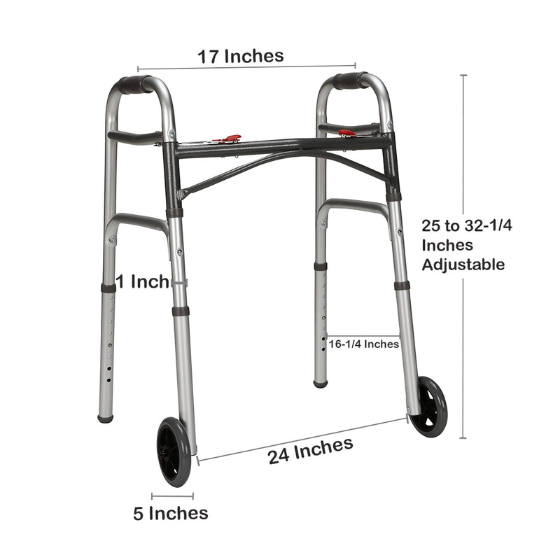McKesson Dual Release Folding Walker with Wheels Adjustable Height Aluminum Frame 350 lbs. Weight Capacity 25 to 32-1/4 Inch Height (1088077_CS) 1/CS
