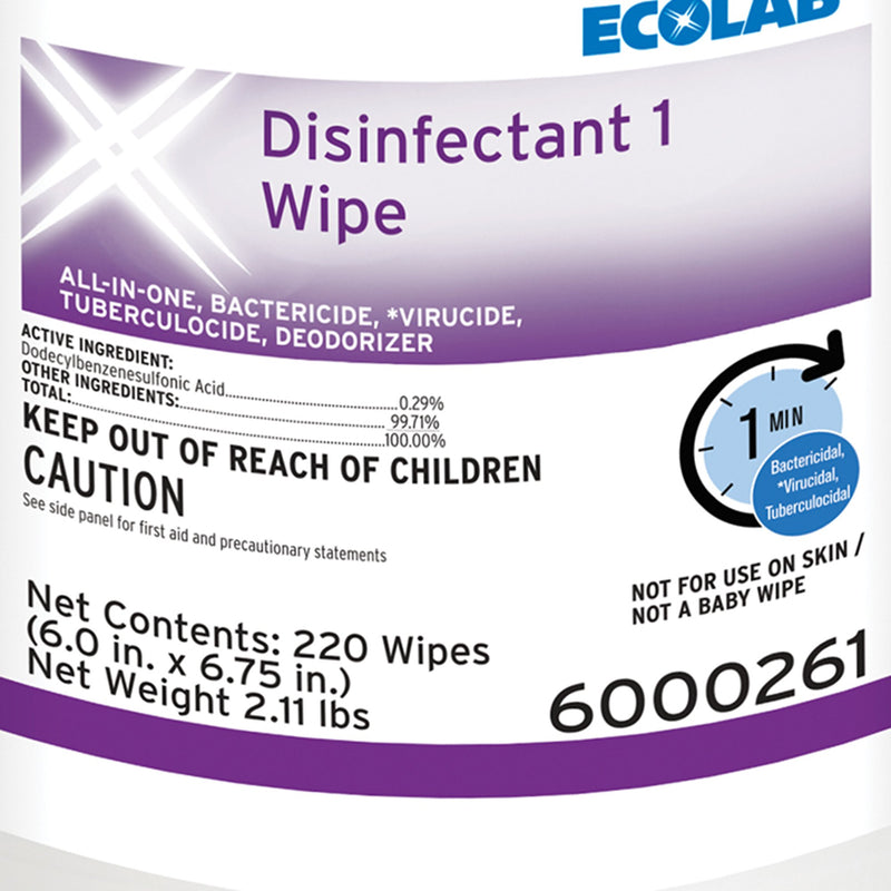 Ecolab® Disinfectant 1 Surface Disinfectant Cleaner Bactericidal Manual Pull Wipe 220 Count Canister Sweet Scent NonSterile (1186249_CT) 220/CT