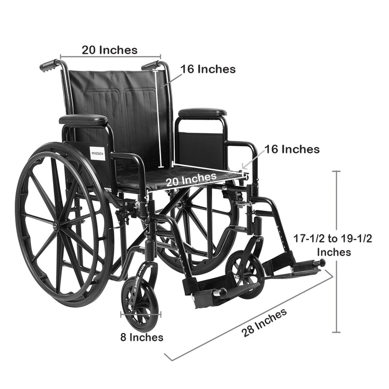McKesson Wheelchair Dual Axle Desk Length Arm Swing-Away Footrest Black Upholstery 20 Inch Seat Width Adult 350 lbs. Weight Capacity (1065278_EA) 1/EA