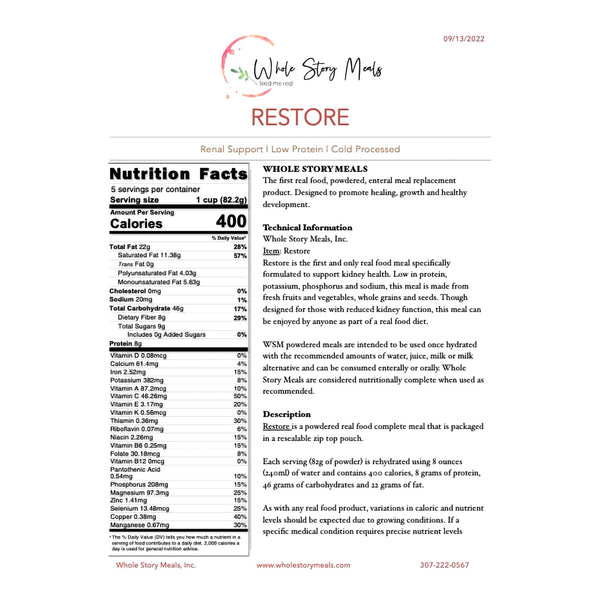 Whole Story Meals Restore Renal Support Oral Supplement Powder 16 oz. (1253025_EA) 1/EA
