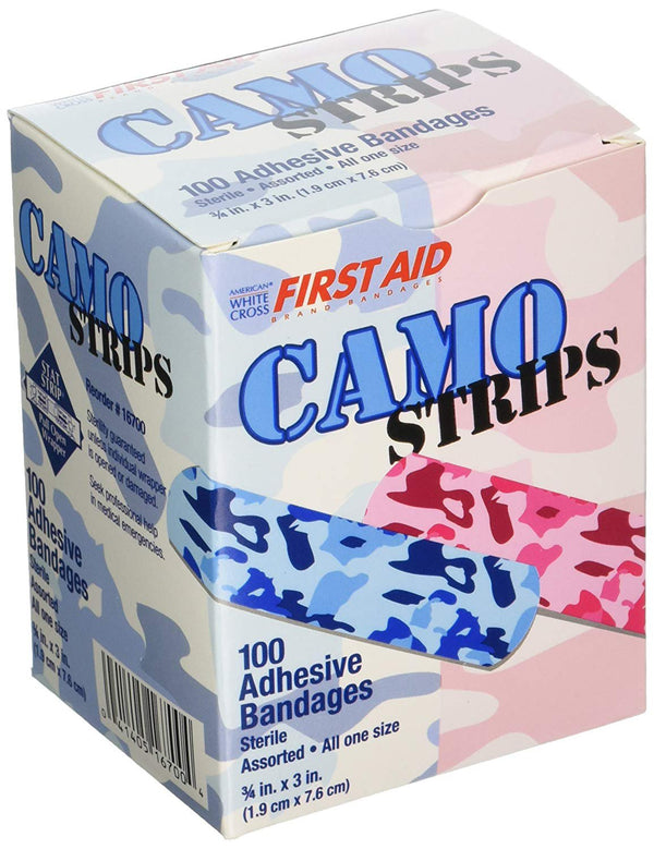 American® White Cross Stat Strip® Adhesive Strip 3/4 X 3 Inch Plastic Rectangle Kid Design (Blue / Pink Camo) Sterile (1099738_CS) 1200/CS