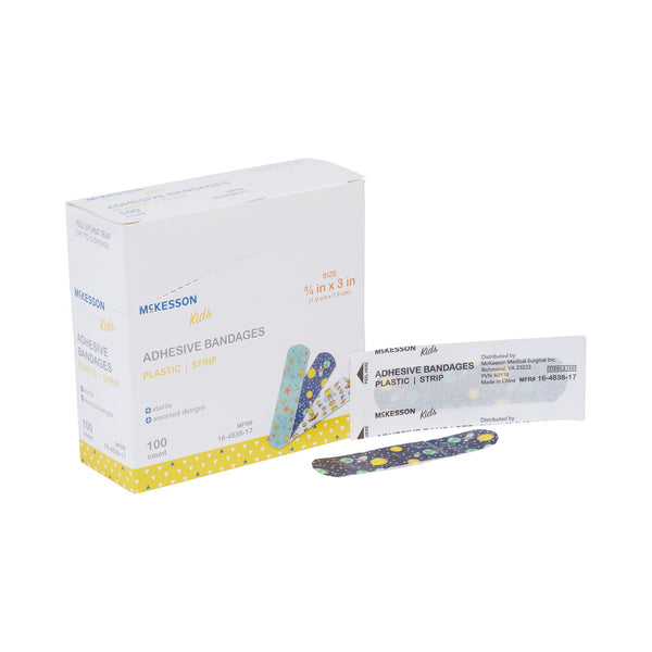 McKesson Kids™ Adhesive Strip 3/4 X 3 Inch Plastic Rectangle Kid Design (Assorted Prints) Sterile (1110980_CS) 2400/CS