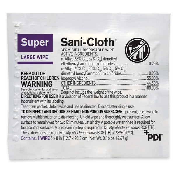 Super Sani-Cloth® Surface Disinfectant Cleaner Premoistened Germicidal Manual Pull Wipe 50 Count Individual Packet Alcohol Scent NonSterile (297456_EA) 1/EA