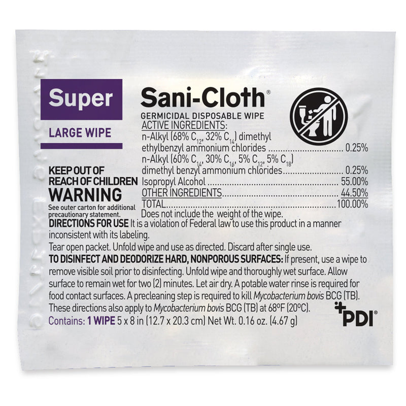 Super Sani-Cloth® Surface Disinfectant Cleaner Premoistened Germicidal Manual Pull Wipe 50 Count Individual Packet Alcohol Scent NonSterile (297456_BX) 50/BX