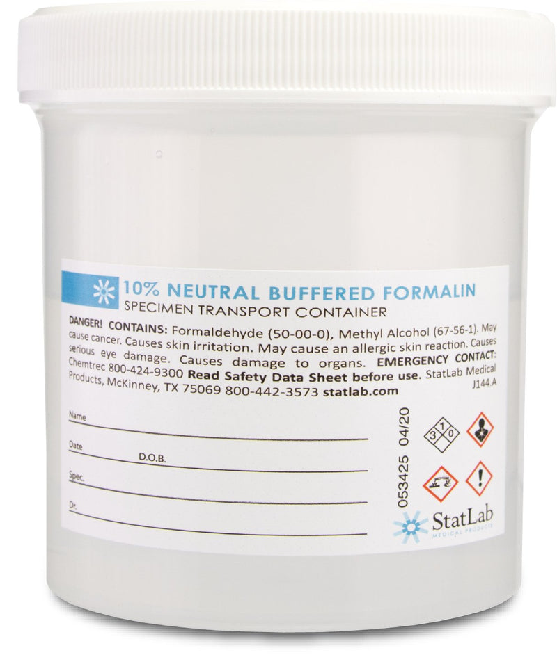StatLab Medical Products Prefilled Formalin Container 250 mL Fill in 500 mL (16.9 oz.) Screw Cap Warning Label / Patient Information NonSterile (1002263_EA) 1/EA