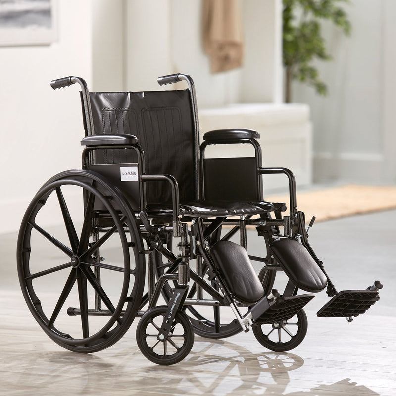 McKesson Wheelchair Dual Axle Desk Length Arm Swing-Away Elevating Legrest Black Upholstery 20 Inch Seat Width Adult 350 lbs. Weight Capacity (1065279_EA) 1/EA