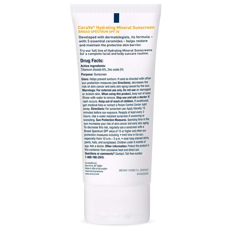 CeraVe® Hydrating Mineral Sunscreen Face Sunscreen SPF 30 Lotion 2.5 oz. Tube (1253471_EA) 1/EA