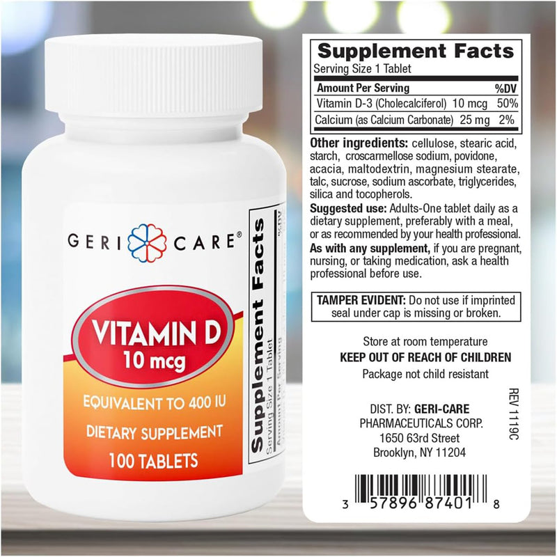 Geri-Care® Vitamin Supplement Vitamin D3 400 IU Strength Tablet 100 per Bottle (682942_BT) 1/BT