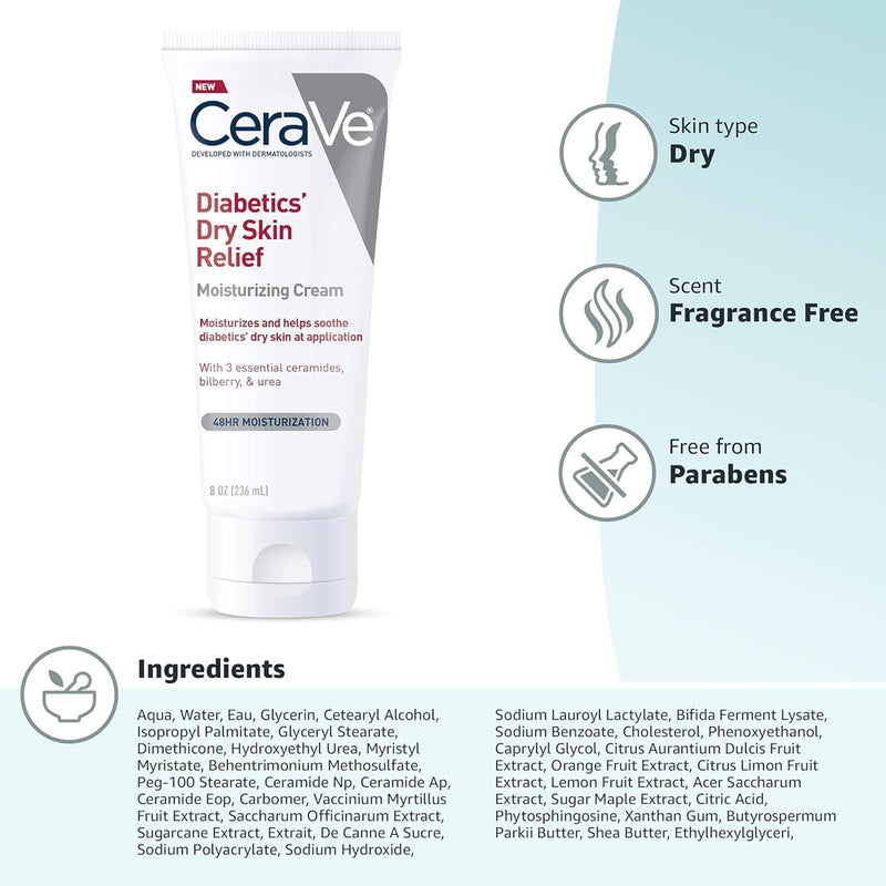 CeraVe® Diabetics' Dry Skin Relief Hand and Body Moisturizer 8 oz. Tube Unscented Cream (1253470_EA) 1/EA