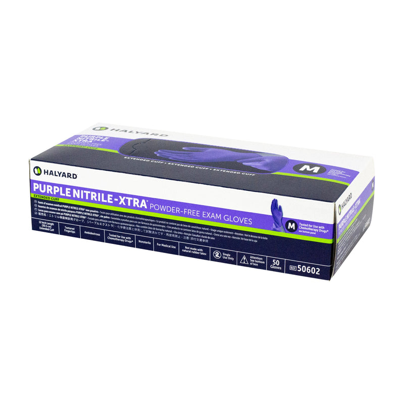 Purple Nitrile-Xtra™ Exam Glove Medium NonSterile Nitrile Extended Cuff Length Textured Fingertips Purple Chemo Tested (365066_CS) 500/CS