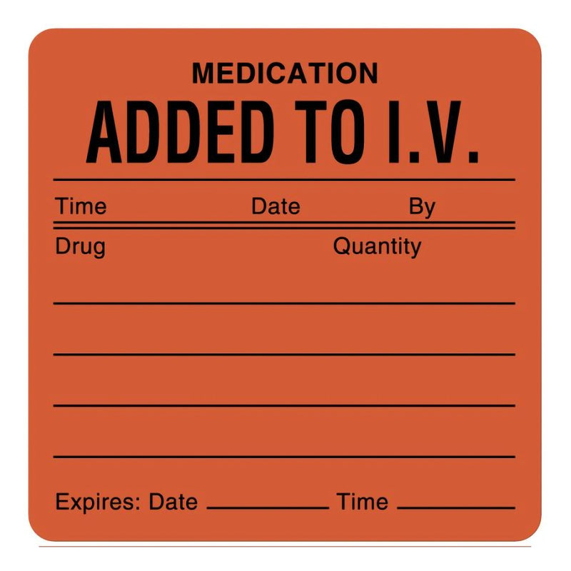 UAL™ Pre-Printed Label Auxiliary Label Fluorescent Red Paper Added To I/V. Tme_Date_By_ Black Medication Instruction 2-1/2 X 2-1/2 Inch (490486_RL) 1/RL