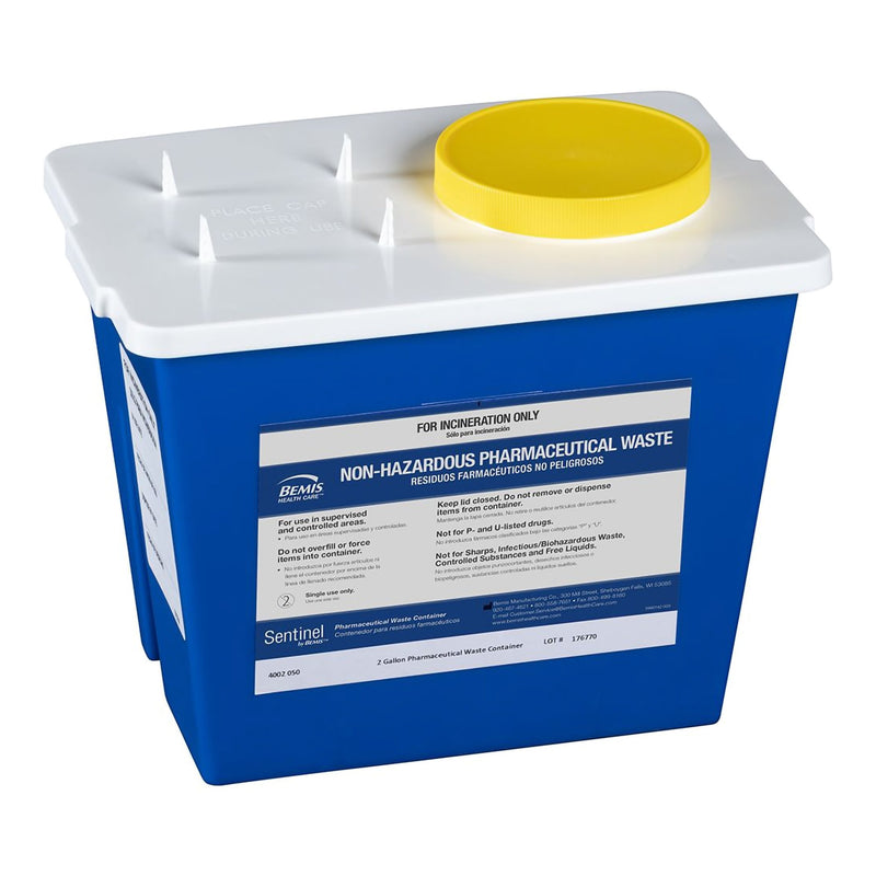 Bemis™ Sentinel Pharmaceutical Waste Container Blue Base 9 H X 11-5/8 L X 7-3/4 W Inch Vertical Entry 2 Gallon (706238_CS) 30/CS