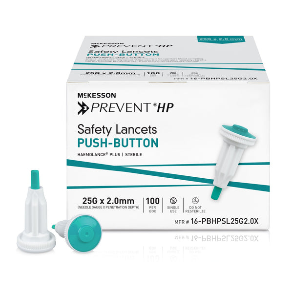 McKesson Prevent® HP Safety Lancet 25 Gauge Retractable Push Button Activation Finger (1217986_BX) 100/BX