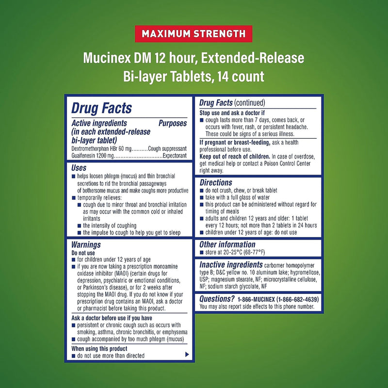 Mucinex® DM Cold and Cough Relief 1,200 mg - 60 mg Strength Tablet 14 per Box (718857_BX) 14/BX
