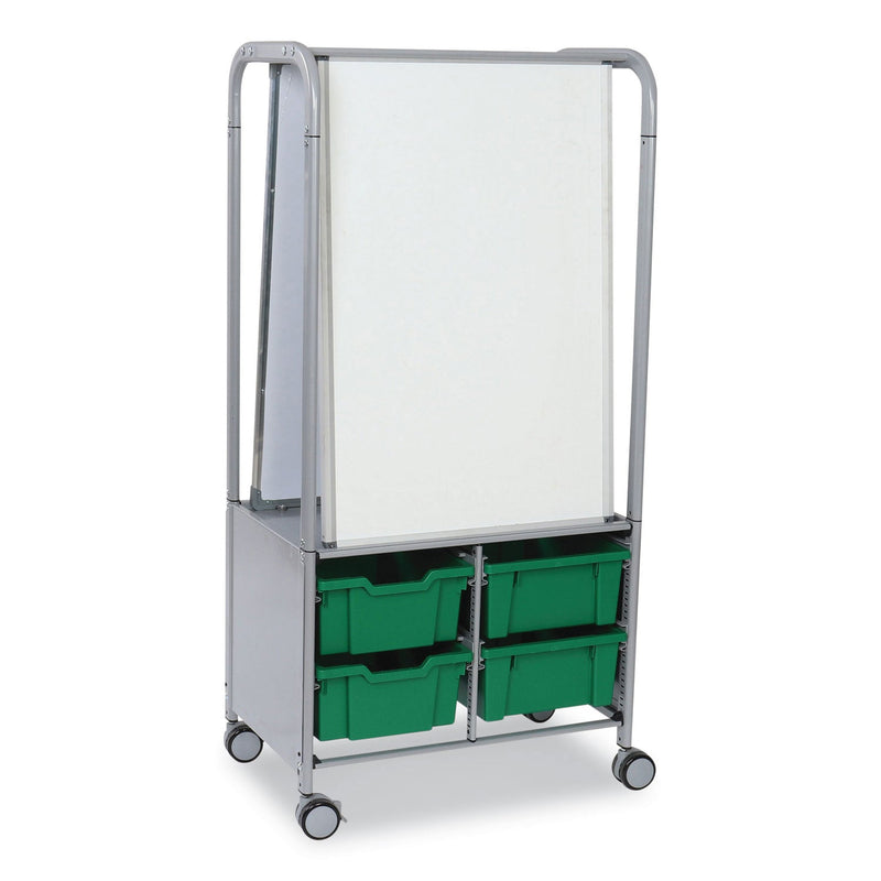 Gratnells Callero MakerHub Trolley Set 01, Metal, (2) Magnetic Whiteboards, (4) F2 Deep Bins, 27.4" x 17.3" x 56.3", Silver/Grass Green (GTSMST054410) Each