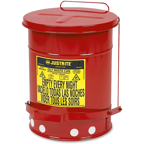 Justrite Red Oily Waste Can, 6 Gal, Foot Operated Cover (400-09100) Each