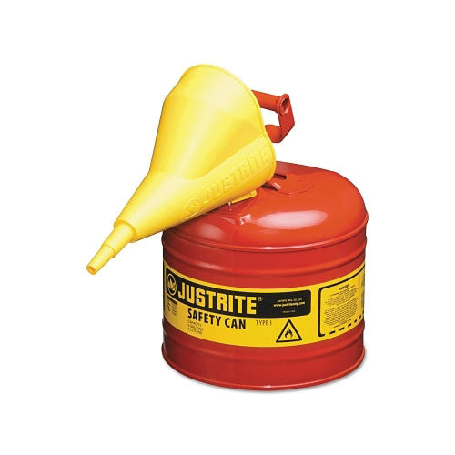 Justrite Type I Steel Safety Can, Flammables, 2 gal, Red, with Funnel (400-7120110) Each