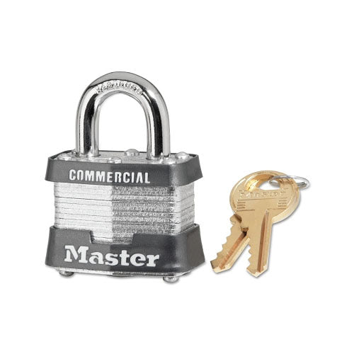 Master Lock® No. 3 Laminated Steel Padlock, 9/32 in dia, 5/8 in W x 3/4 in H Shackle, Silver/Gray, Keyed Alike, Keyed 3303 (470-3KA-3303) Box of 6