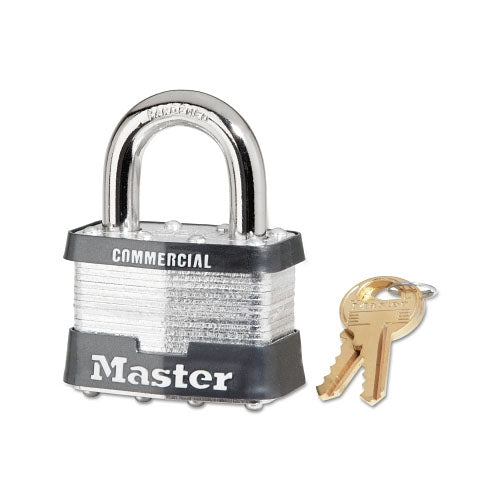 Master Lock® No. 5 Laminated Steel Padlock, 3/8 in dia x 15/16 in W x 1 in H Shackle, Silver/Gray, Keyed Alike, Keyed A383 (470-5KA-A383) Box of 6