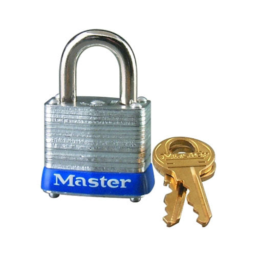 Master Lock® No. 7 Laminated Steel Padlock, 3/16 in dia, 1/2 in W x 9/16 in H Shackle, Silver/Blue, Keyed Different (470-7D) Box of 4