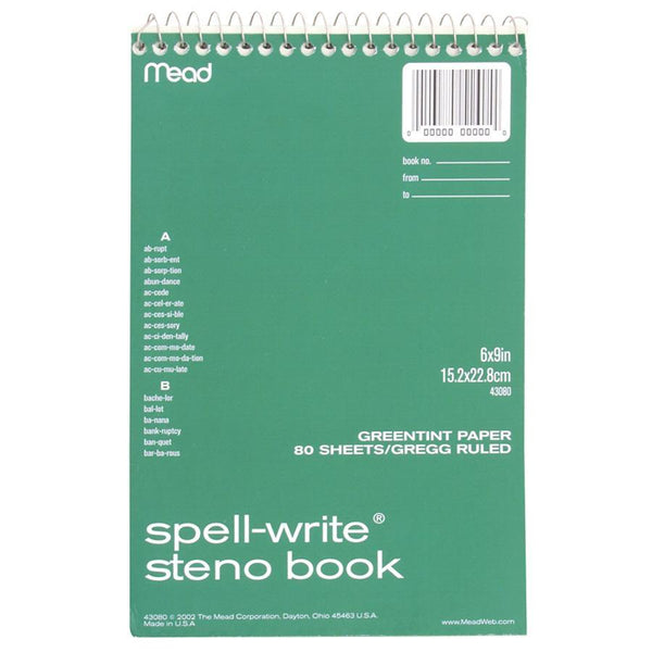 Mead Steno Book, Gregg Ruled, Perforated, 8-1/2&quot;x6&quot;, 80 Sheets, Green Paper (MEA43080)