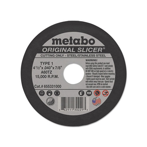 Metabo Original Slicer Cutting Wheel, Type 1, 4-1/2 in dia, 0.045 in Thick, 60 Grit, Aluminum Oxide (469-655331000) Each