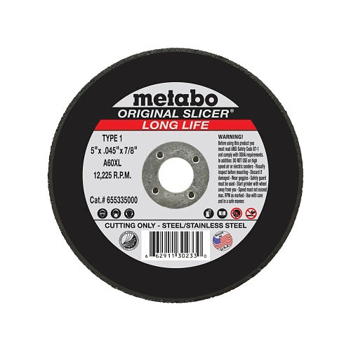 Metabo Original Slicer Cutting Wheel, Type 1, 5 in Diameter, 0.045 in Thick, 60 Grit, Alum Oxide (469-655335000) Each