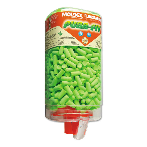 Moldex PlugStation® Earplug Dispenser, Disposable Plastic Bottle, Foam Earplugs, Bright Green, Pura-Fit® (507-6845) 500 Pairs