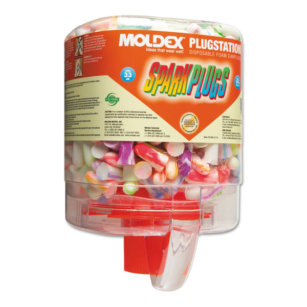 Moldex PlugStation® Earplug Dispenser, Disposable Plastic Bottle, Foam Earplugs, Assorted Color Swirls/Streaks, SparkPlugs® (507-6644) 250 Pairs