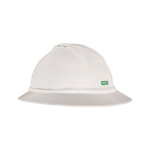 MSA V-Gard® 500 Protective Caps and Hats, 4-point Ratchet, Vented Full Brim Hard Hat, White (454-10167911) Each