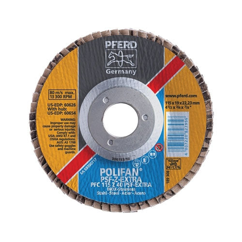 Pferd Inc POLIFAN PSF-EXTRA Flap Discs, 4 1/2 in, 40 Grit, 7/8 in Arbor, 13,300 rpm (419-60458) Each