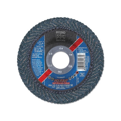 Pferd Inc POLIFAN® SGP Zircon-Curve Radial Type PFR Flap Disc, 4-1/2 in x 9/16 in, 40 Grit, 7/8 Arbor, 13,300 RPM (419-67192) Each